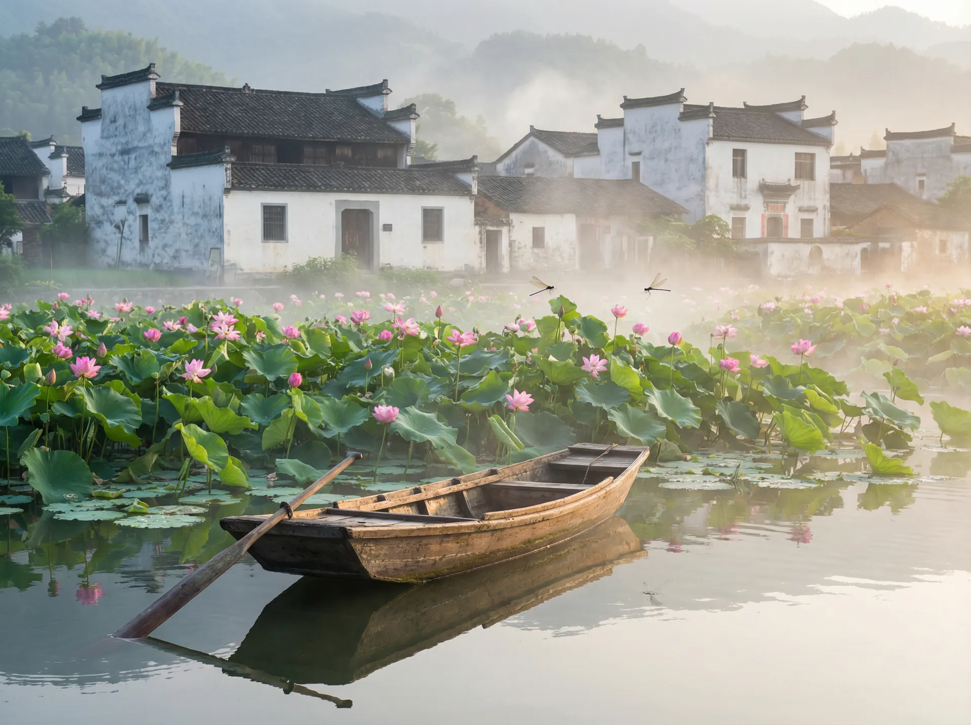 清晨荷塘小舟，粉色荷花盛开，白墙黑瓦的村庄 - 国内SPEAKINGENGLISH实践1 水乡风情